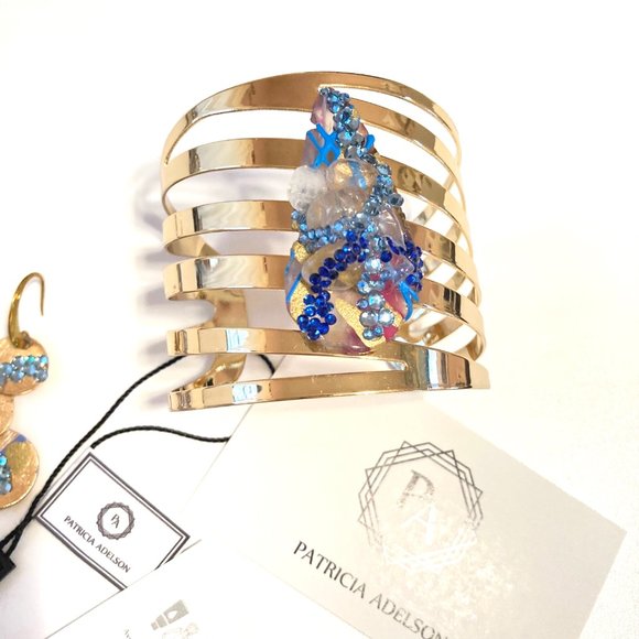 Gold Plated Bangle + Earrings BLUE Agate - Picture 2 of 7